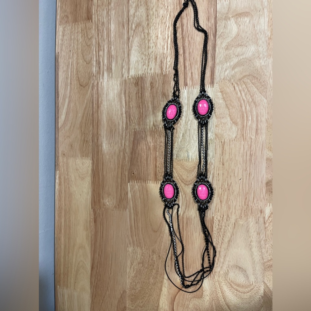 Vintage 2000s Aldo necklace , hot pink stone, with black and crystal chains.